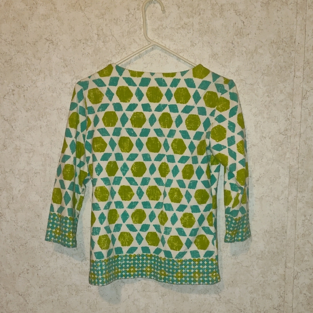 Ruby Rd. Long Sleeve Tee Green and Blue Geometric Pattern - Picture 5 of 7